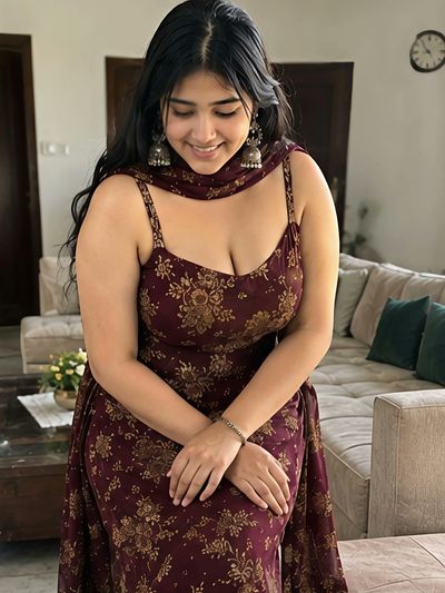 Young Indian woman in maroon dress smiles shyly in living room