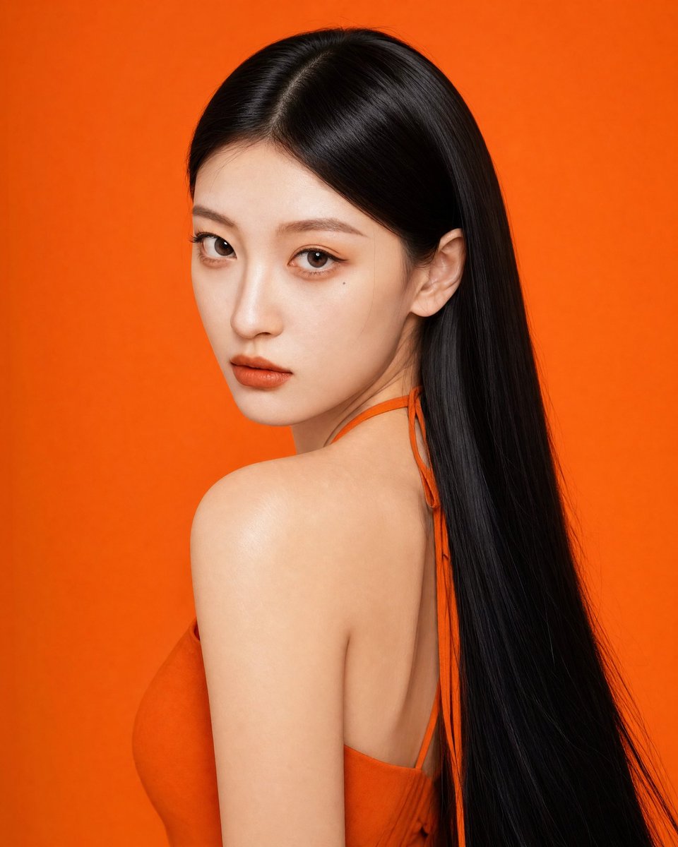 East Asian beauty in orange silk dress with smoldering gaze