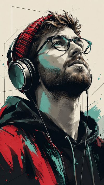 A young man in teal and red looks up with serene expression