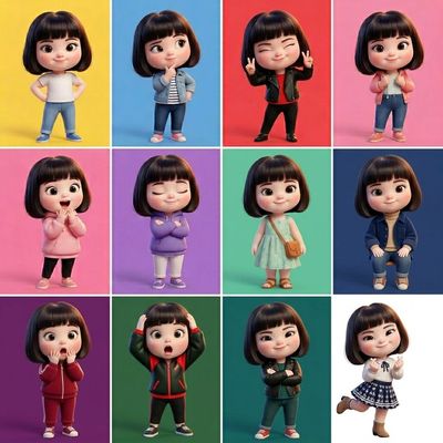 Stylized 3D doll girl showcases twelve distinct moods in character sheet
