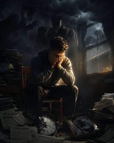 A young man in despair sits amid symbols of his struggles
