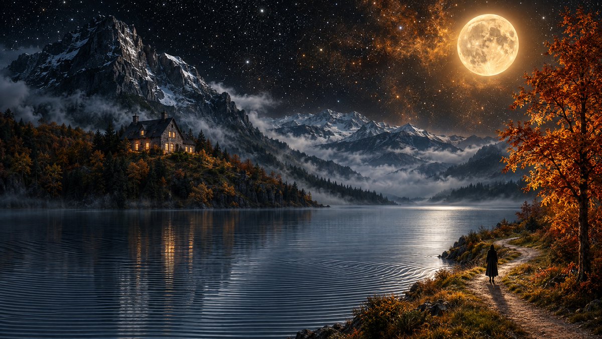 Lone Figure Gazes at Full Moon Over Rippled Lake and Stone House