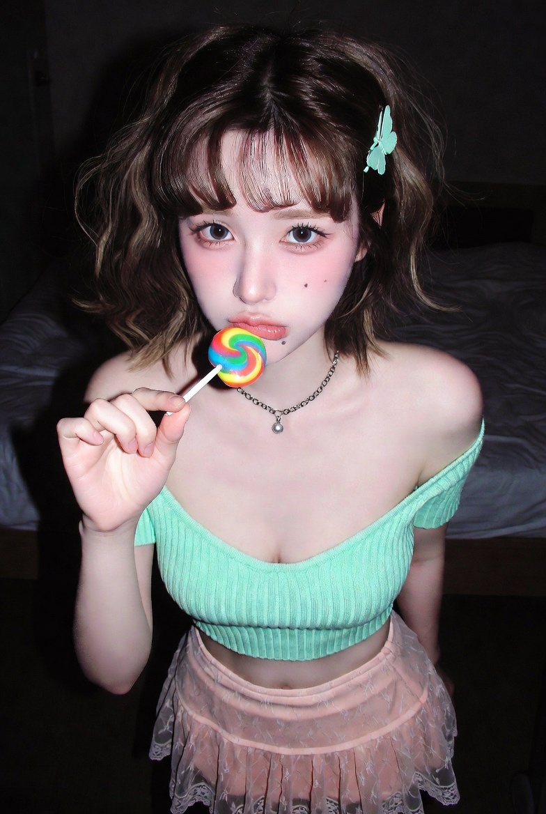 2000s Flash Portrait of Korean Idol with Playful Pout and Retro Charm