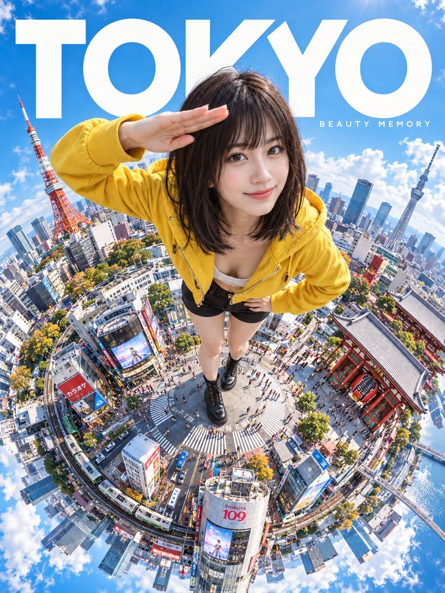 Traveler salutes atop spherical panorama of San Francisco landmarks, ultra wide