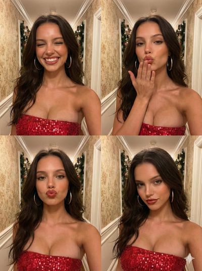 Red Sequin Glam Portrait Grid in Warm Hallway Light