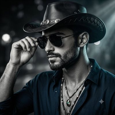 Alpha male adjusts aviator sunglasses in moody monochrome portrait