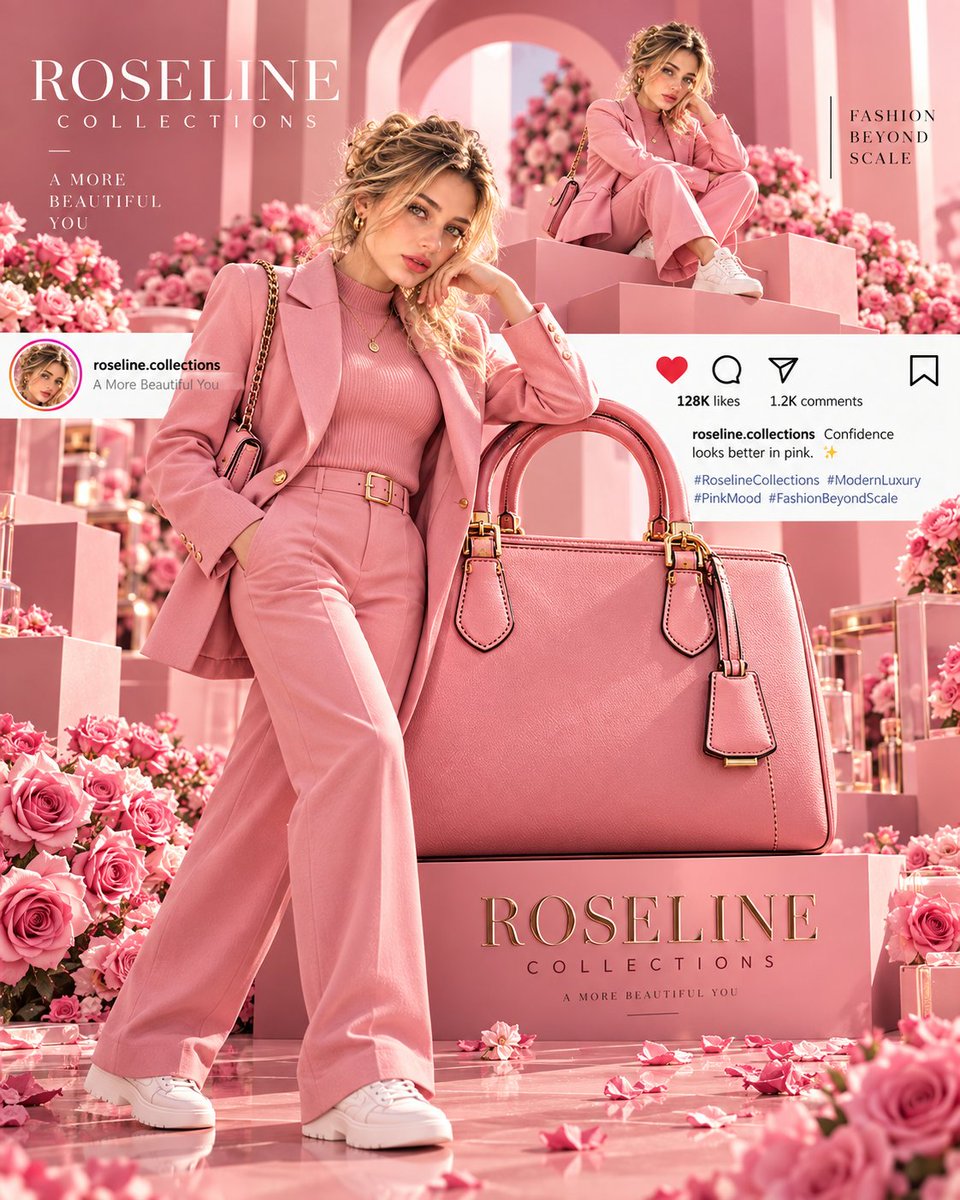 Surreal pink luxury fashion campaign with two scaled versions of same person