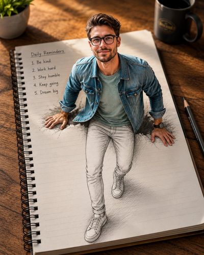 Young man emerges from notebook page on wooden desk