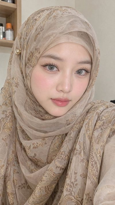 Serene Beauty in Sheer Hijab with Paisley Pattern at Home