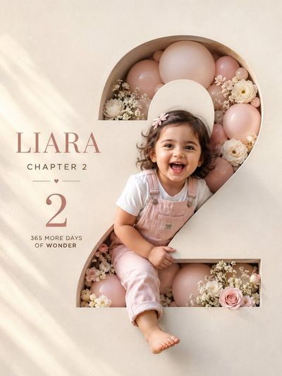 Child emerges laughing from carved number in luxury birthday poster.