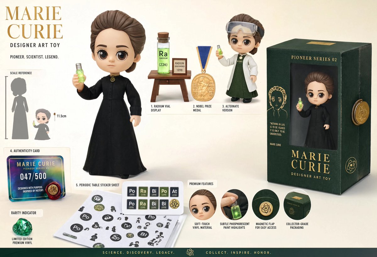 Marie Curie toy figure with glowing accessories and premium packaging