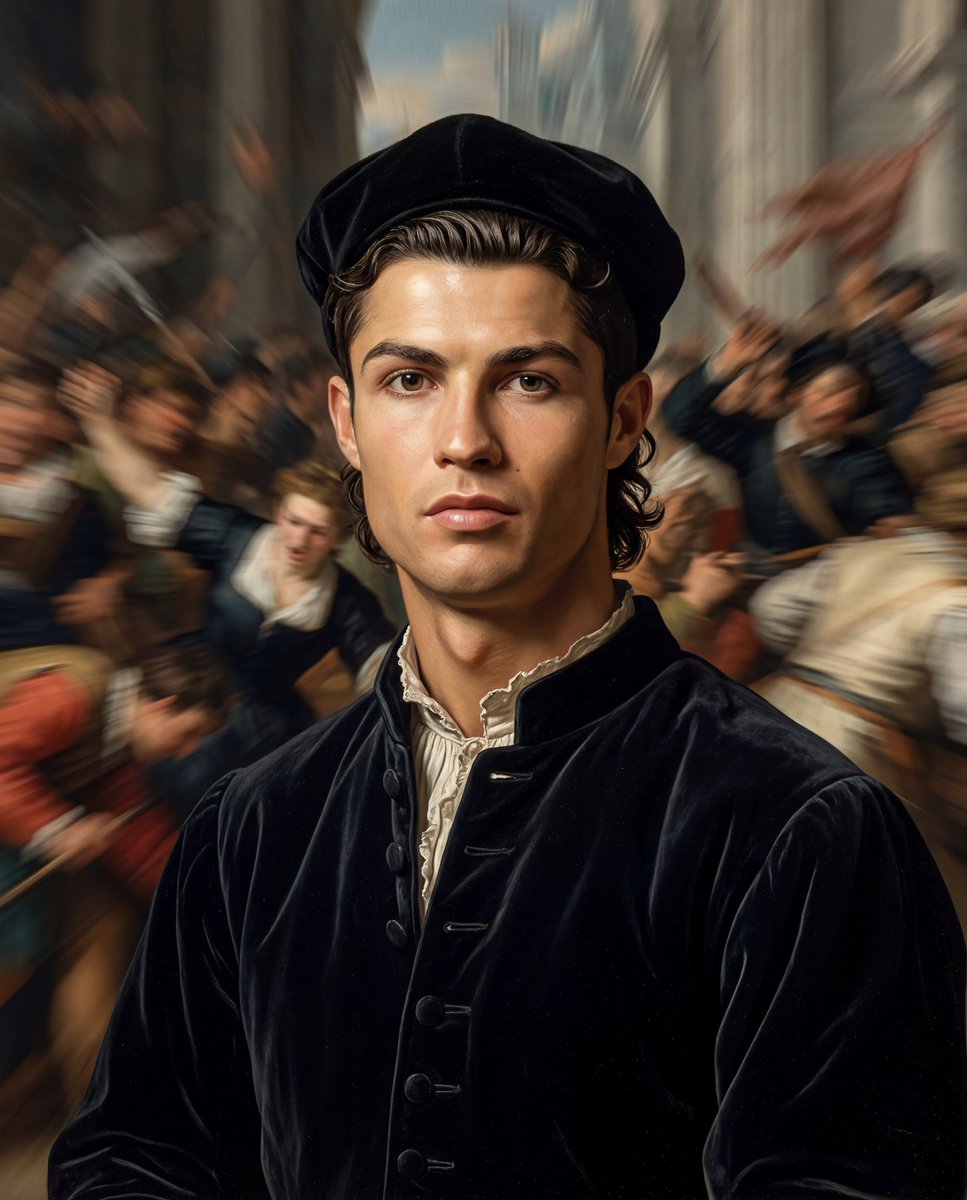 Serene Scholar Amidst Chaotic Renaissance Crowd