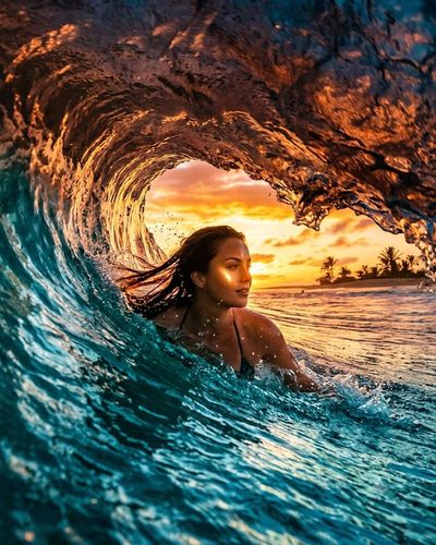 A woman in a black bikini inside a turquoise wave barrel at sunset