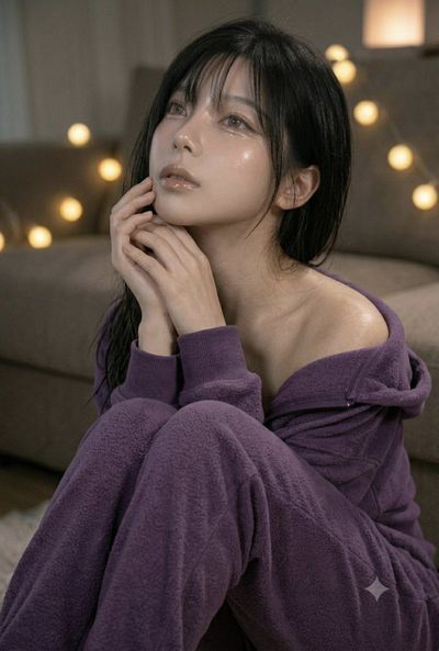 Woman in purple fleece lounges under fairy lights