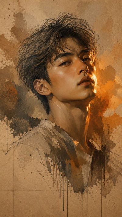 Warm golden light illuminates a semi-abstract portrait with painterly brushwork