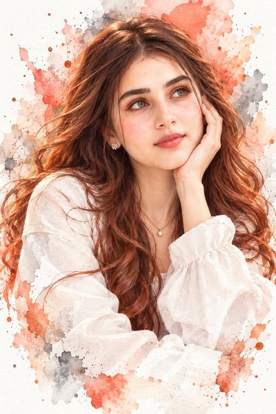 Windswept Copper-Haired Woman Painted in Soft Watercolor Portrait