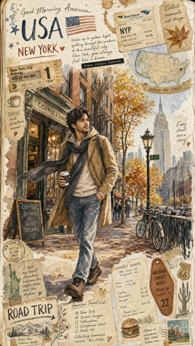 A traveler sketches journal entries beside a glowing New York café