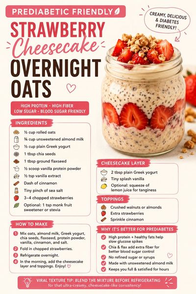 A creamy strawberry cheesecake oatmeal jar with soft pink lighting