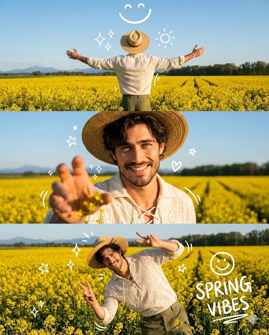 A handsome man in a straw hat stands smiling in a flower field