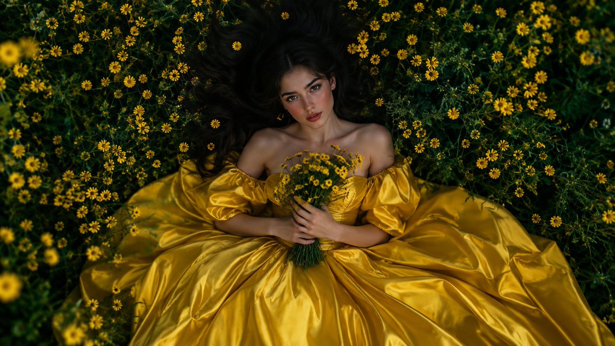 Woman in golden satin gown lies among yellow wildflowers