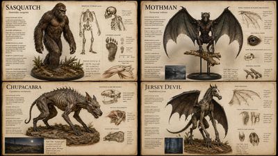 A winged cryptid specimen reveals layered musculature in sepia tones