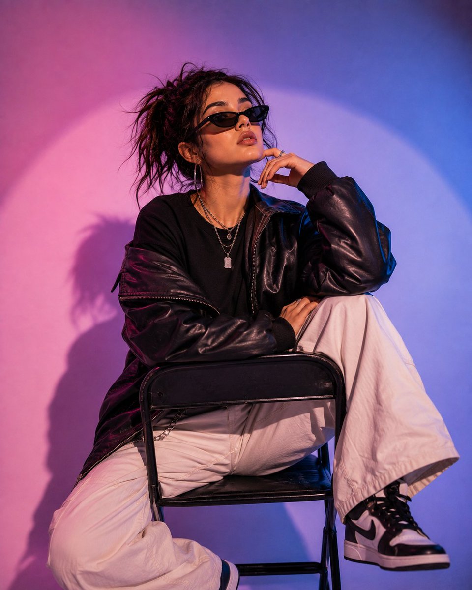 Confident woman in leather jacket poses under pink and blue lights