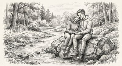 Young couple share a tender moment by the whispering river in pencil sketch.