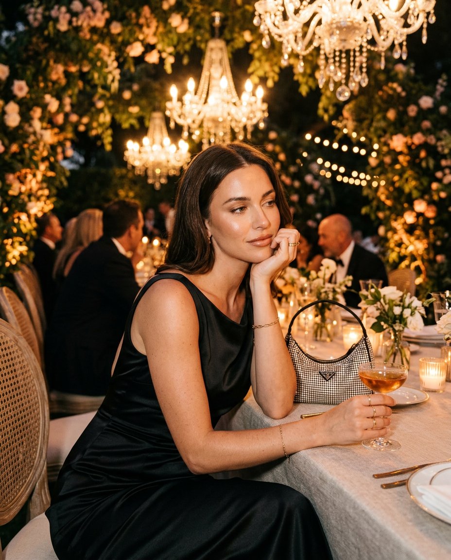 Elegant Woman Sits at Candlelit Garden Dinner Under Chandeliers