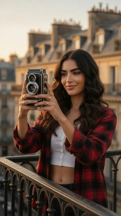 Young woman captures golden hour selfie on Parisian balcony