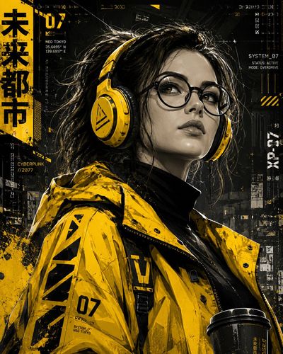 A cyberpunk woman in yellow techwear stares upward with ambition