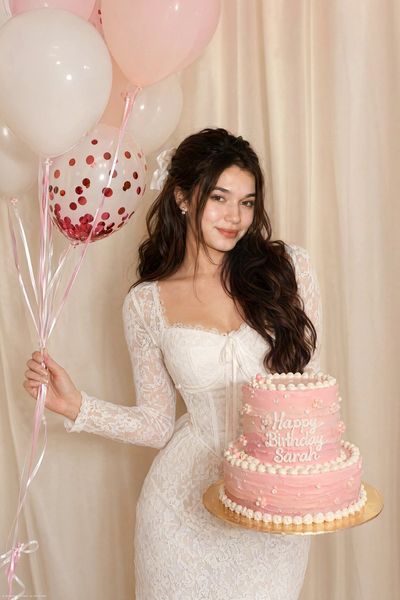 A South Asian woman in white lace holds balloons and a birthday cake