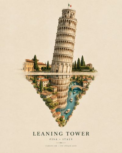 Iconic Landmark Reflects Tiny Dreamlike City in Surreal Travel Art