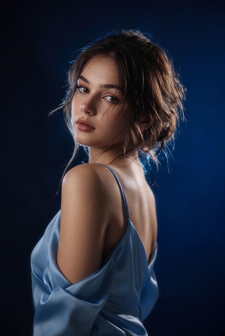 Woman in Blue Slip Dress Glances Over Shoulder in Moody Studio Portrait