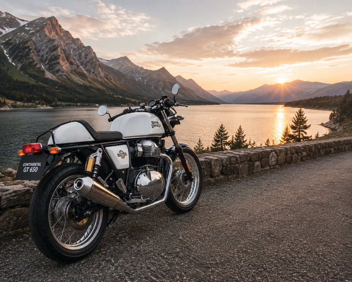 Vintage café racer parked by a mountain lake at golden hour