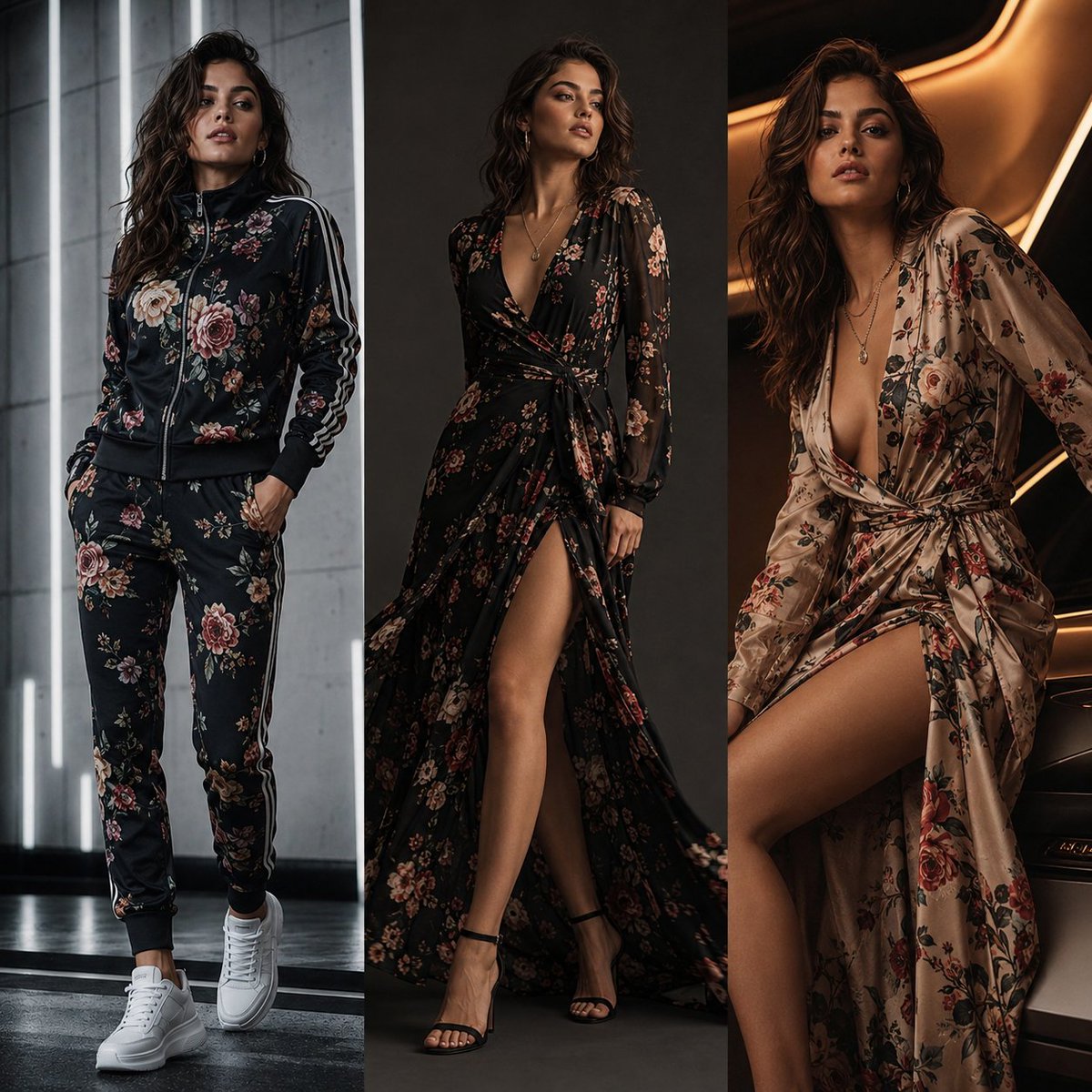 A stylish woman models three floral outfits in a luxury editorial spread