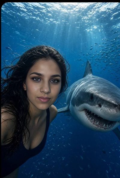 Woman takes daring underwater selfie beside a massive great white shark