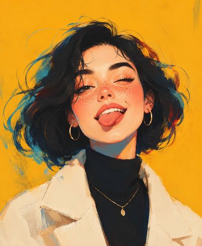 A playful girl with messy black hair winks and sticks out her tongue
