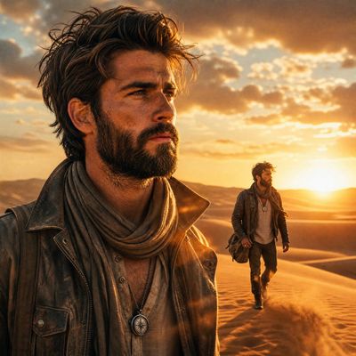 Young Hollywood hero wanders golden desert dunes at sunset