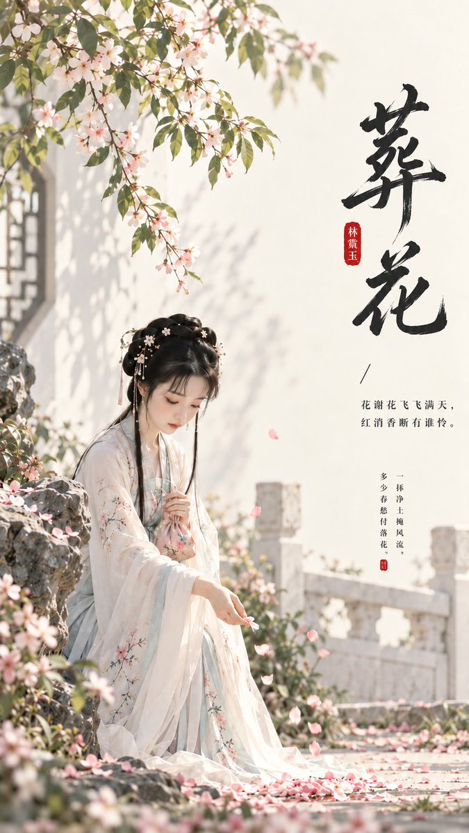 Lin Daiyu gently holds a flower pouch on a petal-strewn path.