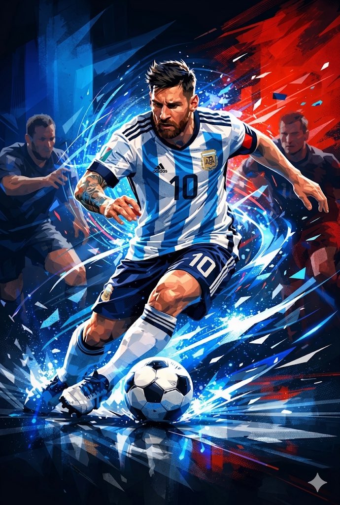 Messi runs through shattered light on a dramatic abstract pitch