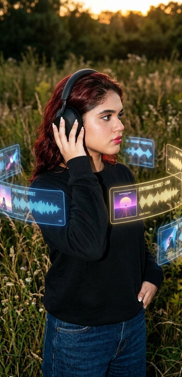 A woman lost in music during a glowing sunset over grassy fields