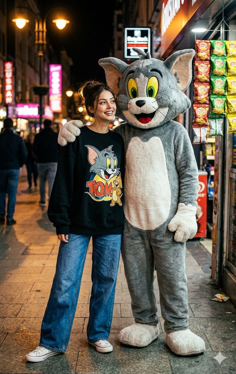 A young woman smiles beside a giant cartoon cat mascot under warm streetlights.