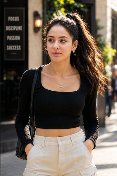 Young woman in black crop top stands confidently on city street