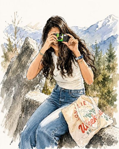 A young woman captures mountain views with her vintage camera