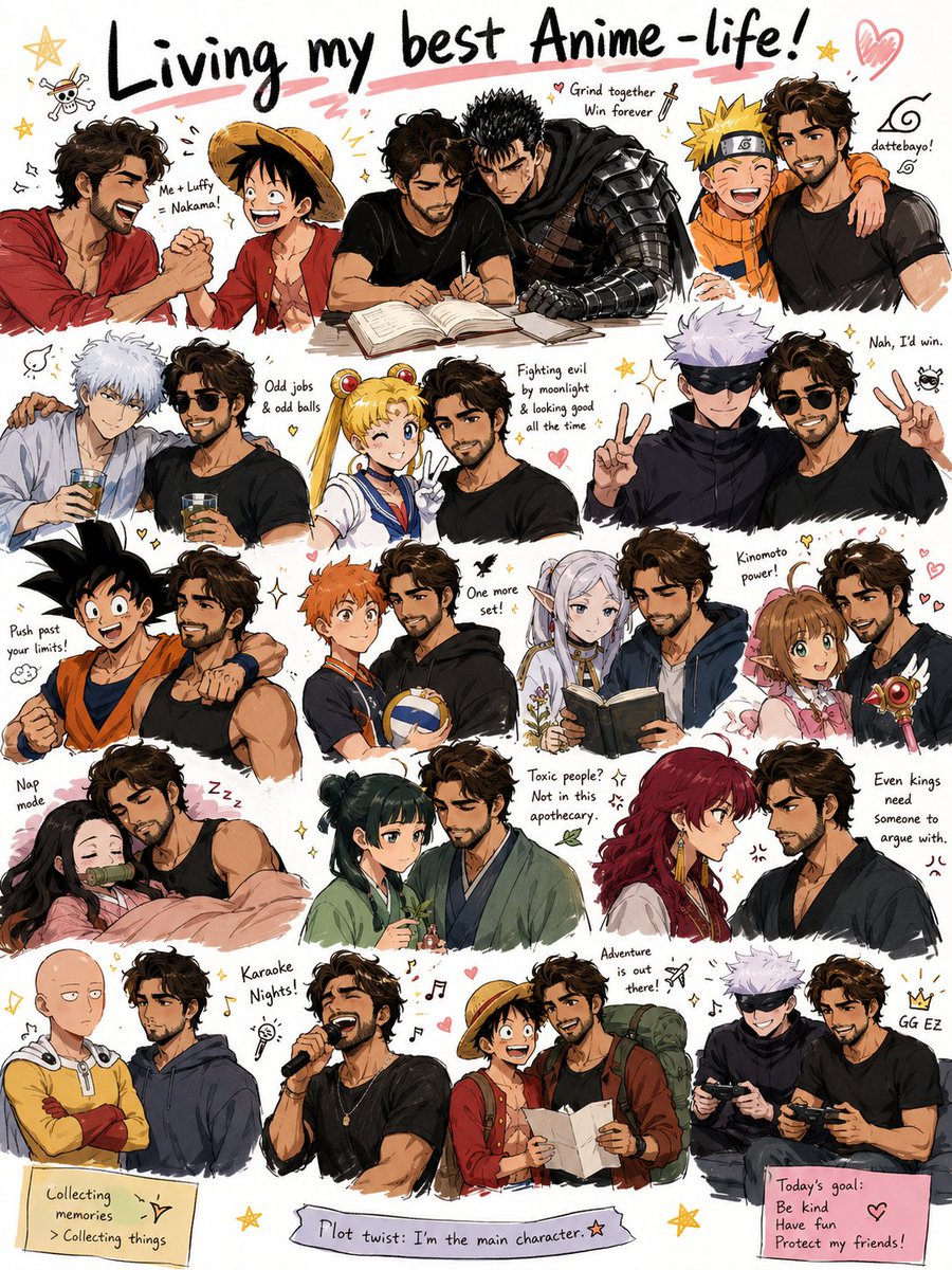Chaotic anime friends join me in silly activities on white background