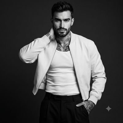 Rugged model in white bomber jacket poses with intense gaze