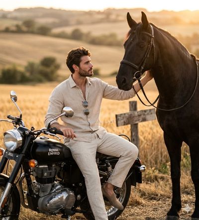 A stylish man shares a quiet moment with his horse at golden hour.