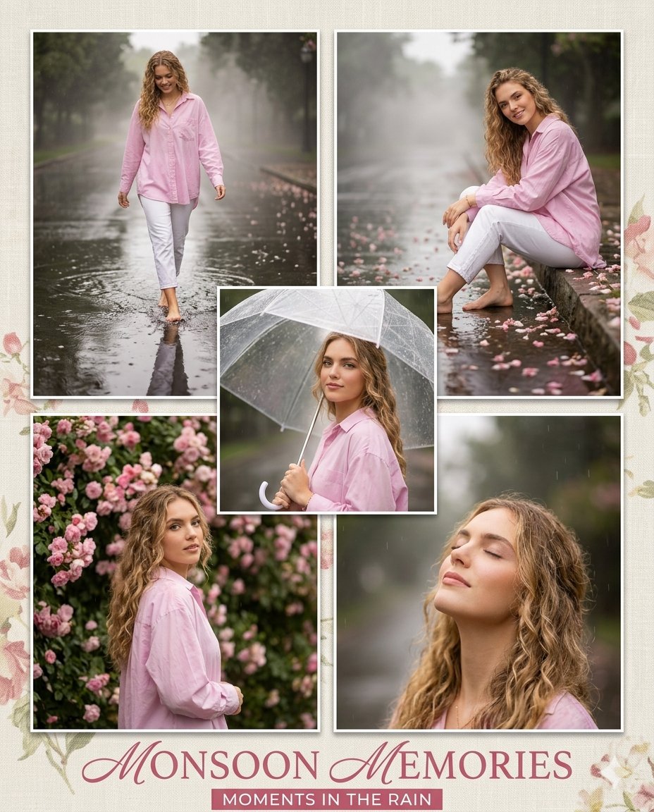 A girl walks barefoot through puddles under pink blossoms