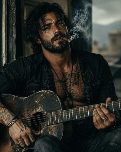 A rugged guitarist smokes by a flickering neon motel sign