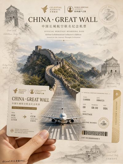 A hand presents a co-branded boarding pass before the Great Wall